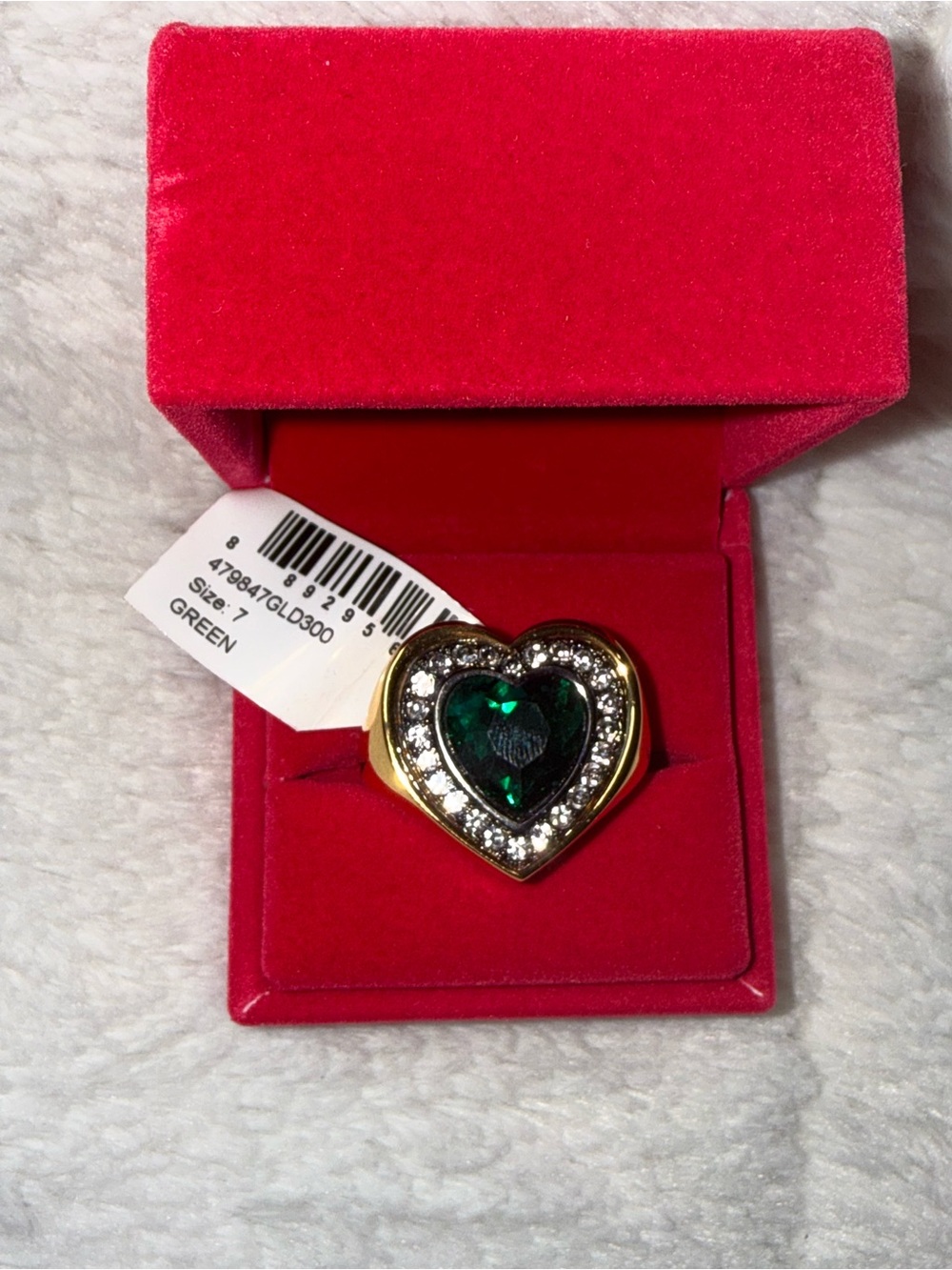 NWT In Box Kurt Geiger Sz 7 London Gold Tone Halo Heart Crystal Emerald Green